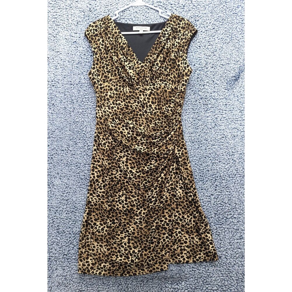 Y2K Evan Picone Cheetah Print Bodycon Wrap Dress Size 10 V Neck Mob Wife Brown